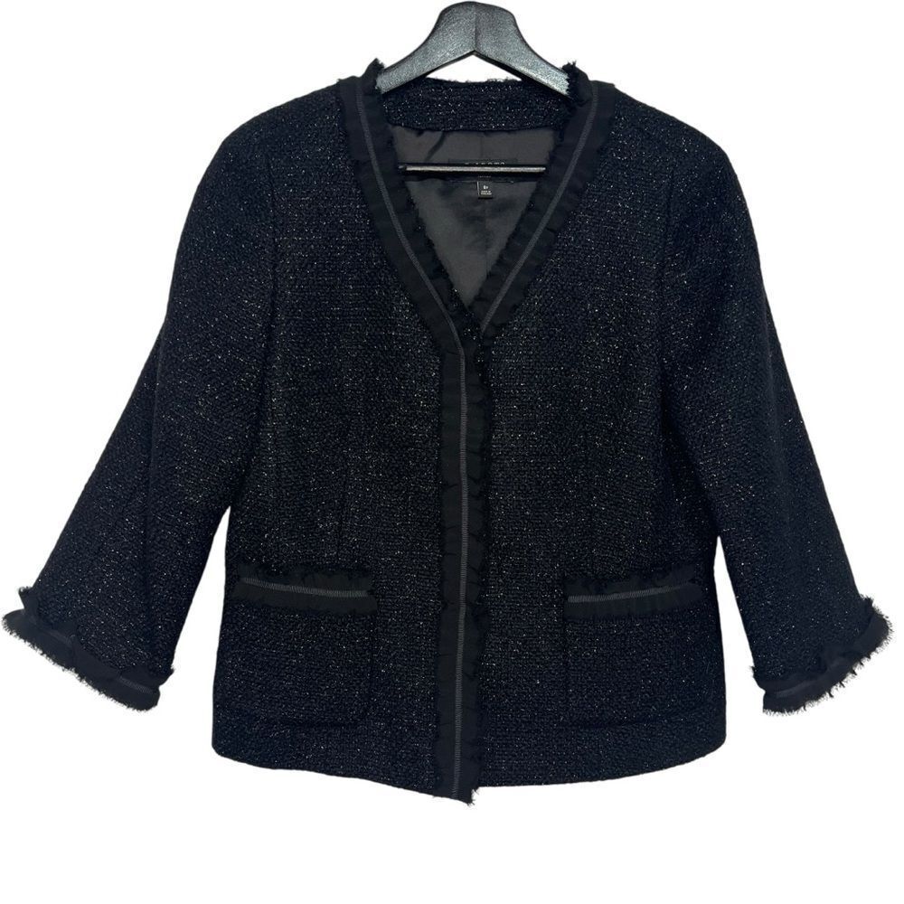 Talbots Grace Fit Wool Blend Snap Front Jacket Size 8P Black Shimmer 3/4 Sleeve